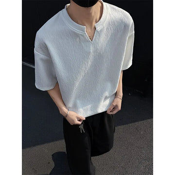 Riolio Summer Short Sleeved T-shirt Men Casual V-neck T Shirt Men Streetwear Korean Loose Pleated T Shirt Mens Top Large Size 5XL